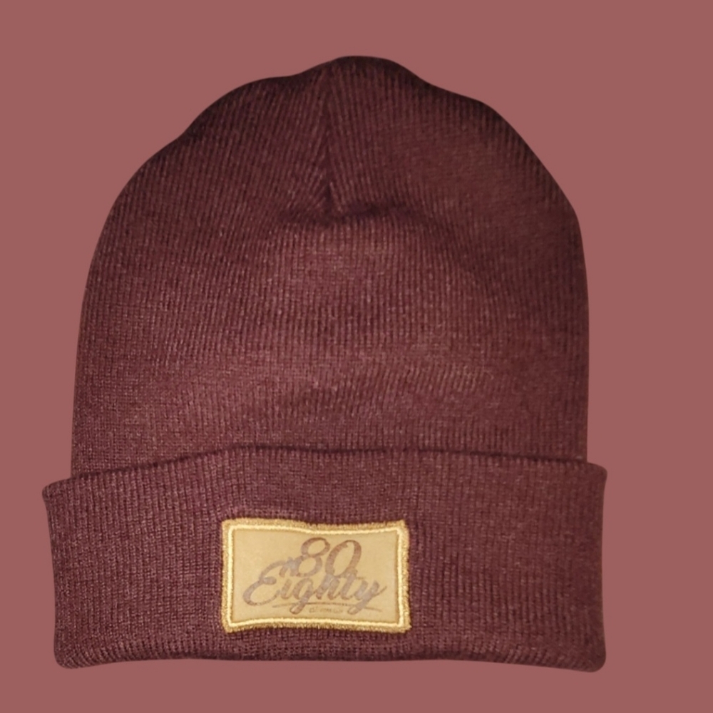80EIGHTY MAROON PATCH BEANIE PREMIUM AUTOMOTIVE APPAREL ONE SIZE ~ FITTED
